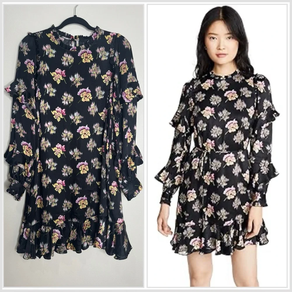 Needle & Thread Black Floral Ruffle Long Sleeve Mini Dress Size 10 Dark Romantic